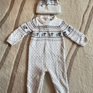 Janie and Jack Knit Christmas Sheep Onesie w/ Matching Hat | 6-12 months